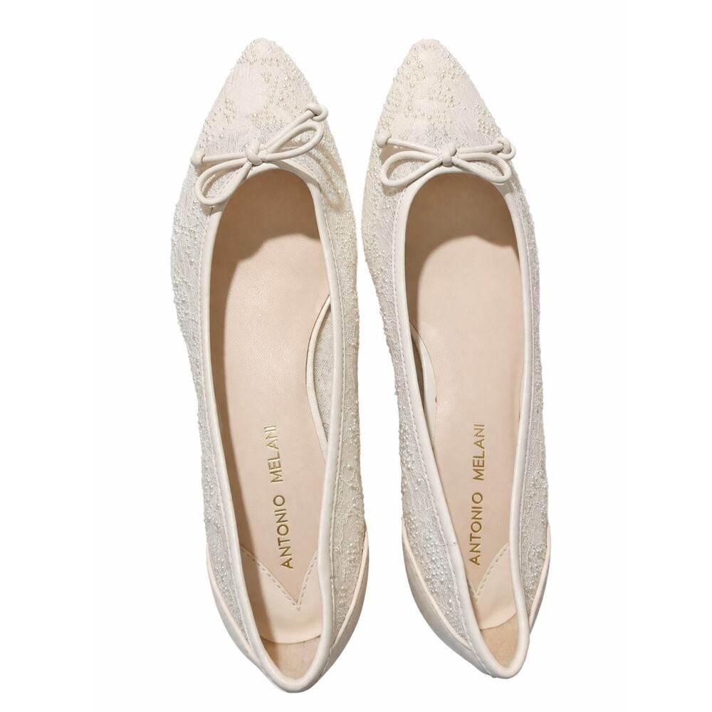 Antonio Melani Women’s Ivory Lace Flats Pearl Beaded Bow Pointed Toe Dress Shoes